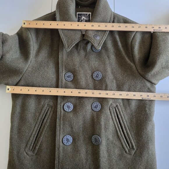 & Sons Heavy Wool Blend Peacoat Mens M Military Green Elbow Patches Storm Collar - Picture 4 of 16